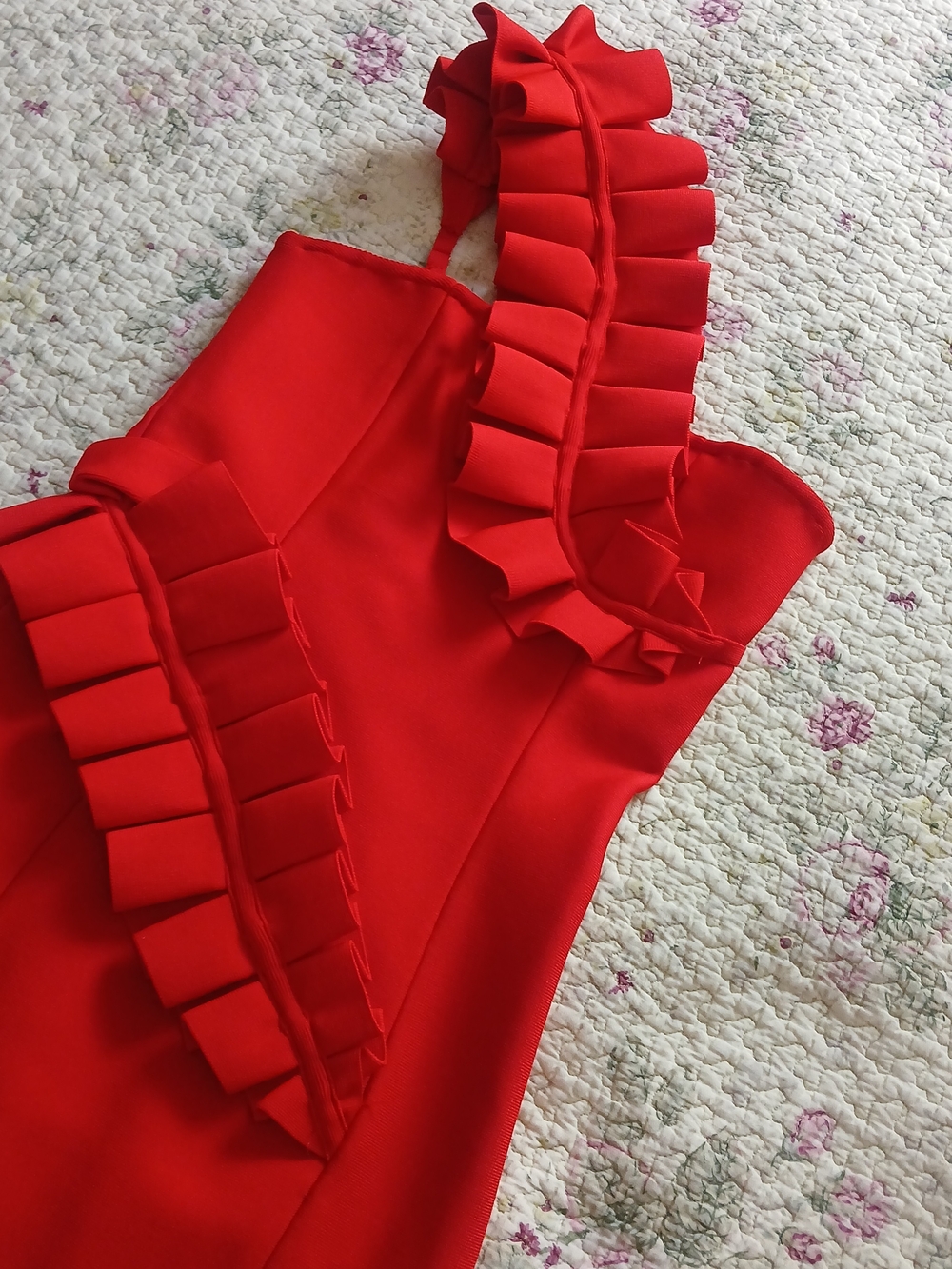 Red Ruffle One-Shoulder Sheath Dress - Picture 2 of 5